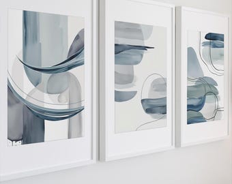 Set of 3 Minimalist Blue and Grey Abstract Watercolor Prints – Digital Download Wall Art