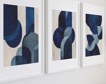 Navy Geometric Abstract Art Set | Minimal Wall Prints + FREE 5x7” Bonus Print (12.7x17.8 cm)