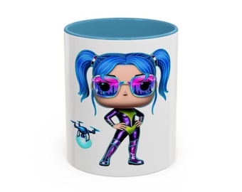 Blue-Haired Futuristic Girl Mug - Colorful Cyberpunk Style