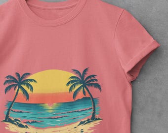 Vamos a la playa T-shirt with sunset and palm trees – Retro summer style
