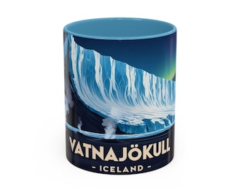 Vatnajökull Vintagemugg, Retro Islandsk Konst, Glaciärillustration, Extrem Naturgåva, Norrskensdekor
