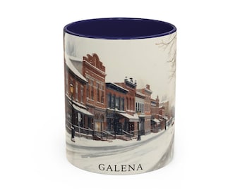 Galena Mug Watercolor, snowy Illinois street, vintage town art, cozy winter gift, rustic home decor