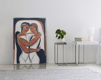 Lesbian Couple Hug Printable Art | Intimate LGBTQ+ Line Drawing Wall Decor
