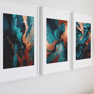 Impressões abstratas em tons azul-petróleo e cobre | Arte digital moderna com textura visual para uma decoração poderosa e elegante