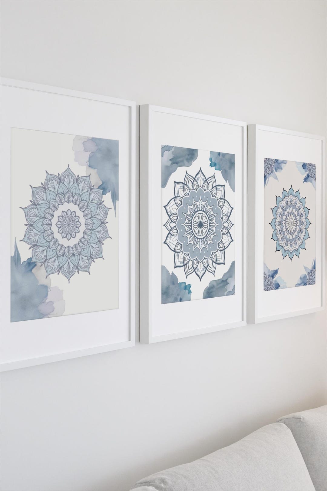 Set of 3 Blue Boho Mandala Watercolor Prints – Digital Wall Art ...