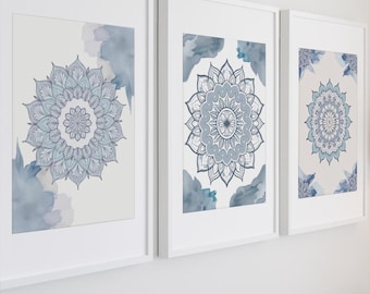 Pack de 3 Láminas Mandala Boho Azul en Acuarela – Arte Digital para Imprimir – Decoración Espiritual y Moderna