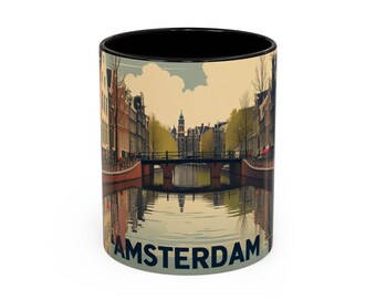 Amsterdam Vintage Mug, bike & canal retro art, Dutch travel gift, cozy Nordic decor