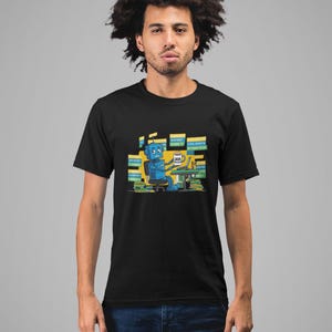 Camiseta divertida “Java Processor” con robot programador y código binario