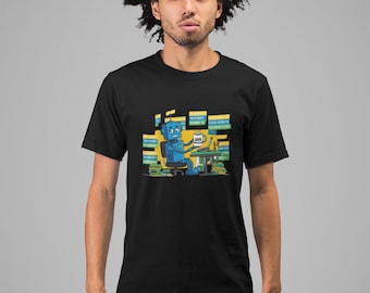 Camiseta divertida “Java Processor” con robot programador y código binario