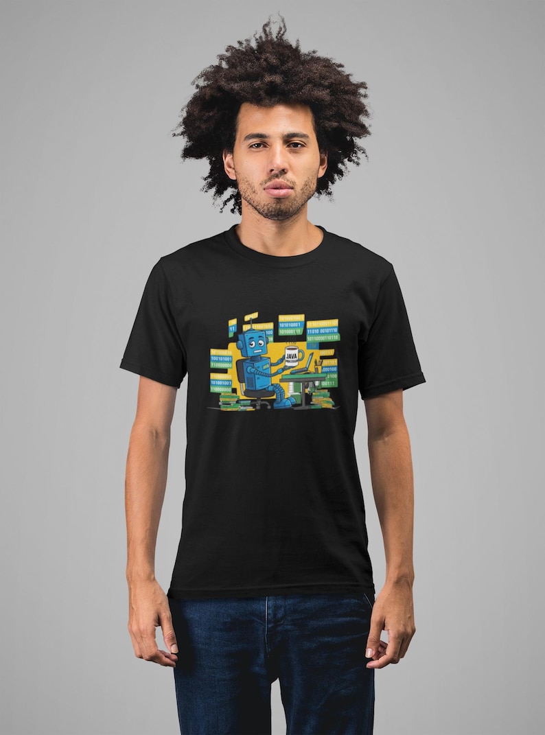 Lustiges „Java Processor“ T-Shirt mit Programmierroboter und Binärcode Bild 1