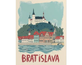 Bratislava Vintage Poster – Retro Castle & Old Town Illustration | Travel Wall Art 18"x24" (45.7 x 61 cm)