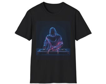 Futuristic DJ T-Shirt Neon Design, electronic music gift, cyberpunk style tee, modern streetwear for DJs