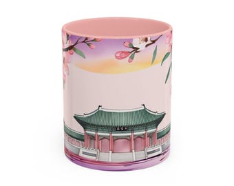Seoul Cherry Blossom Mug – Elegant Korean Temple Design for Asian Culture Lovers