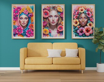 Watercolor Women & Flowers Printable Art – Vibrant Feminine Wall Decor in 3:4 Format – Digital Download