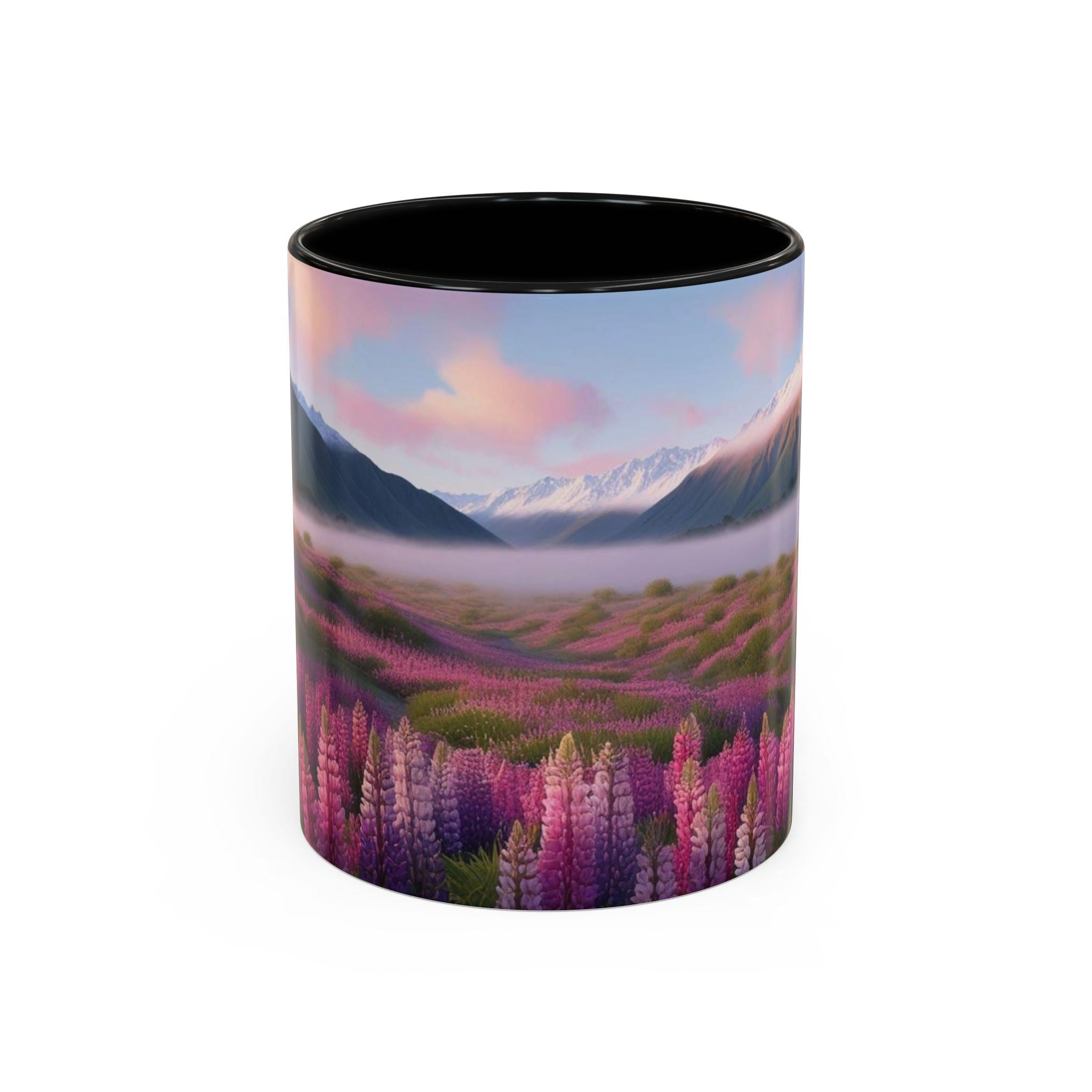 花と山の風景マグカップ - ニュージーランドの魔法の自然 - ラベンダー