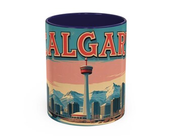 Calgary Watercolor Mug, vintage mountain souvenir, unique travel gift, modern kitchen décor
