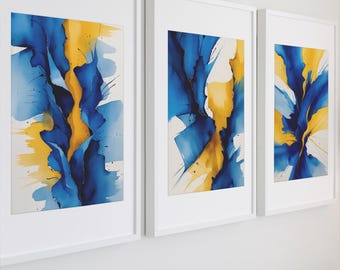 Bold Abstract Wall Art Set in Blue & Mustard + Bonus 5x7” Print Included