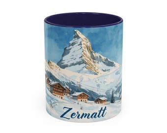 Zermatt aquarelmok, besneeuwde Matterhorn, Zwitserland, Alpenreiscadeau, winterkeukendecoratie | Vintage bergsouvenir