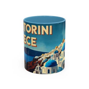 Santorini Vintage Mug | Retro Greece Blue & White Illustration | Romantic Travel Gift, Mediterranean Art Mug