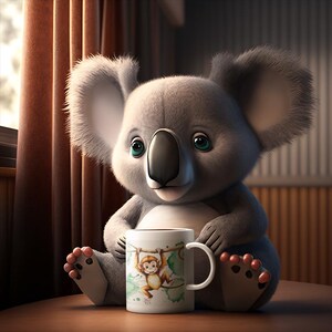 May include: A plush grey koala bear with large, blue eyes sits on a wooden table holding a white mug with a cartoon monkey design. The mug has a green, brown, and white design.