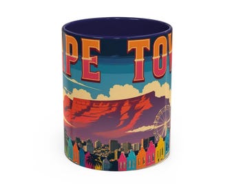Cape Town Mug Colorful Art, Bo-Kaap design, retro souvenir, modern kitchen gift, mountain city vibes