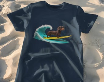 Funny Surfing Dachshund T-Shirt | Summer Beach Dog Tee | Cool Wiener Dog Surf Design