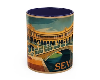 Seville Vintage Mug | Retro Plaza de España Illustration | Spanish Travel Gift, Cultural Art Mug, Elegant Decor