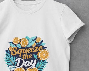 Squeeze the Day T-shirt with oranges – Motivational tropical vibe