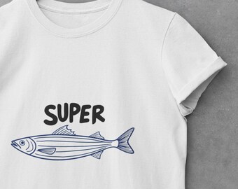 May include: White t-shirt with a blue and white fish illustration and the word "SUPER" printed on the front.