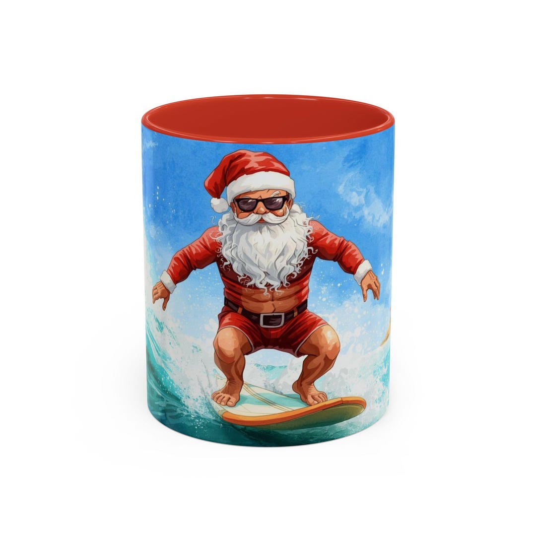 水彩サーファーサンタマグカップ、オーストラリアのクリスマス、夏の