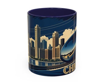 Chicago Mug Vintage Style, urban skyline, modern kitchen decor, original travel gift, city art souvenir