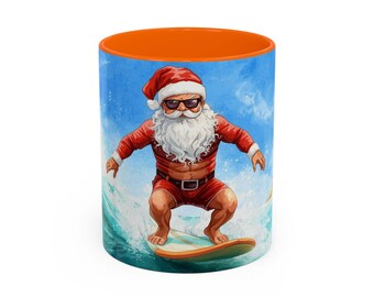 水彩サーファーサンタマグカップ、オーストラリアのクリスマス、夏の