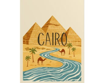Cairo Vintage Poster | Egypt Wall Art Print, Pyramids Illustration, 18x24” (45.7x61cm), Desert Travel Decor