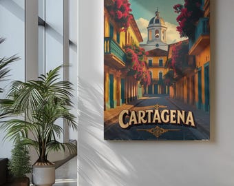 Vintage Cartagena Poster | Tropical Printable Wall Art | Colorful Colonial Street Decor