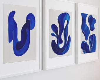 Cobalt Blue Abstract Wall Art – 3 Printable Watercolor Collage Posters for Modern Decor (Digital Download)