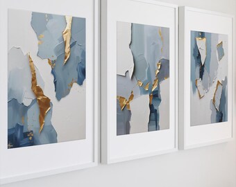 Gold & Blue Abstract Wall Art Set | Modern Textured Prints + FREE 5x7” Bonus Print (12.7x17.8 cm)