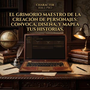 Puede incluir: Un ordenador portátil con acabado en cuero marrón oscuro y detalles dorados sobre un escritorio. La pantalla muestra el software Character Bible Pro. El texto superior dice: EL GRIMORIO MAESTRO DE LA CREACIÓN DE PERSONAJES: CONVOCA, DISEÑA, Y MAPEA TUS HISTORIAS.