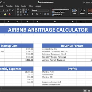 May include: Screenshot of an Airbnb arbitrage calculator in a spreadsheet format. The blue-highlighted title reads "AIRBNB ARBITRAGE CALCULATOR." The spreadsheet includes sections for startup costs, revenue forecast, monthly expenses, and profits.