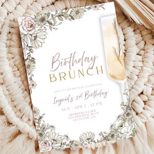 Verjaardagsuitnodiging bloemenbrunch, bloemen salie en roze verjaardagsbrunch, afdrukbare uitnodiging, instant download, bewerkbare sjabloon verjaardagskaart