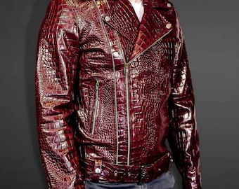 Burgundy Crocodile Embossed Leather Biker Jacket – Handmade Moto Outerwear