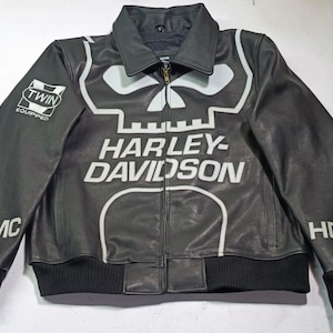 Harley-Davidson Skull Leather Jacket | HDMC Biker Bomber | Men&#39;s Motorcycle Streetwear Jacket