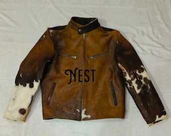 Chaqueta de motociclista de piel de vaca hecha a mano / Abrigo estilo western de piel con pelo