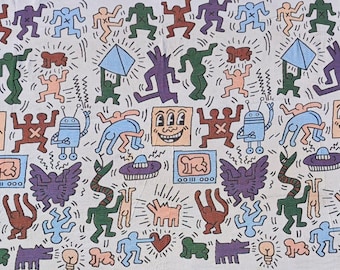 Tappeto ispirato all'arte di Keith Haring / Coperta in misto cotone intrecciata a mano