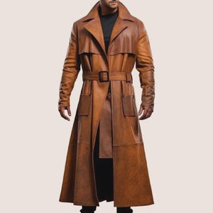 Men&#39;s Long Brown Leather Trench Coat | Vintage Style Full-Length Overcoat | Handmade Genuine Leather Belted Jacket