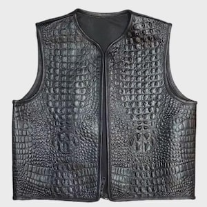Débardeur homme noir en cuir embossé crocodile | Gilet de motard fait main