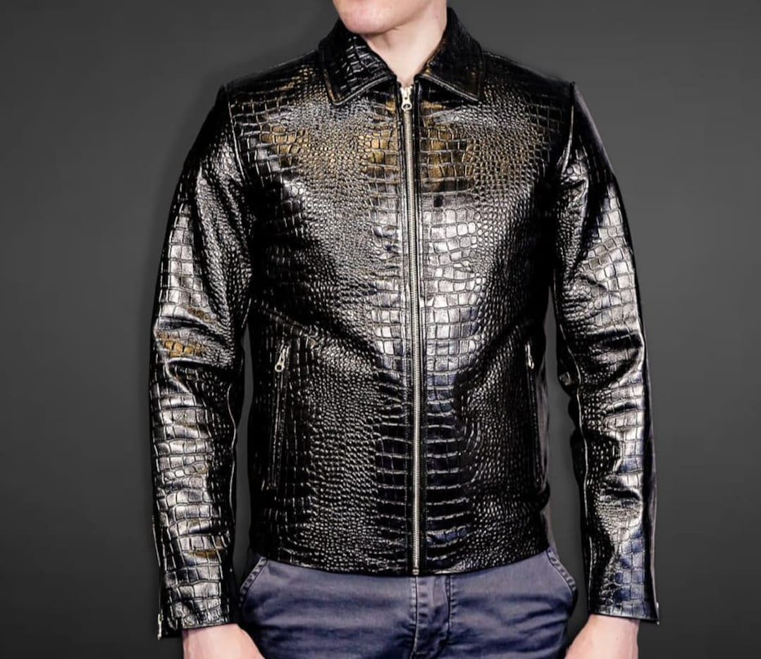 ジャケット・アウター vintage crocodile design leather jacket Men's Black Crocodile Pattern Leather Jacket – Shiny Faux Exotic