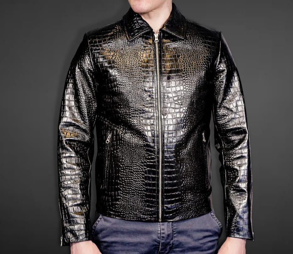 Men's Black Crocodile Pattern Leather Jacket – Shiny Faux Exotic