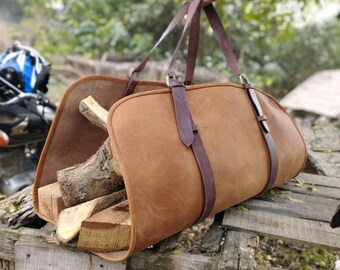 Handmade Leather Firewood Carrier | Rustic Log Holder Tote