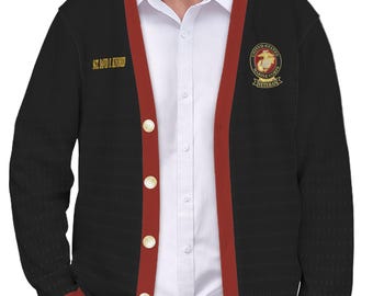 Men's Custom Made USMC Marine Corp Veteran Monogram Ribbed Cardigan Sweater