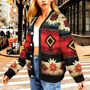 Women's Custom Made Native American Southwestern Pattern Ribbed Cardigan Sweater
